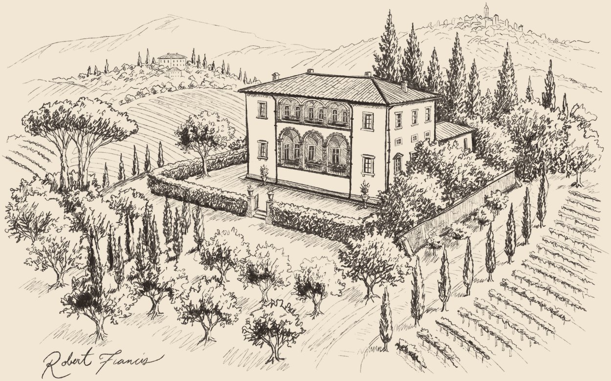 Pen-and-ink drawing of Villa Mangiacane amid vineyards and cypresses